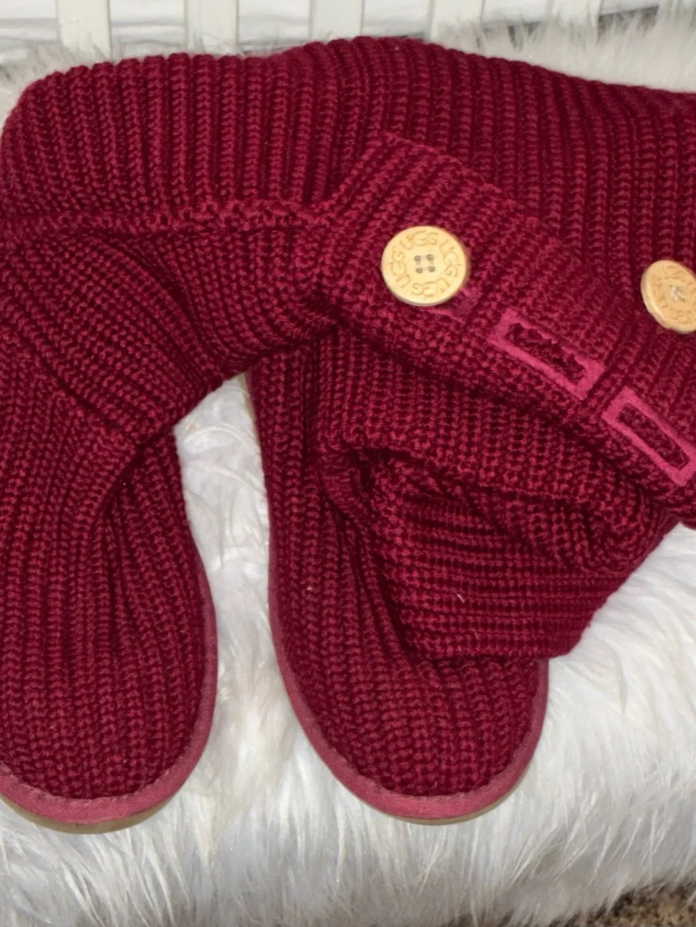 UGG Cardy Knit Boots Womens Burgundy Red Button Tall High Sz 8